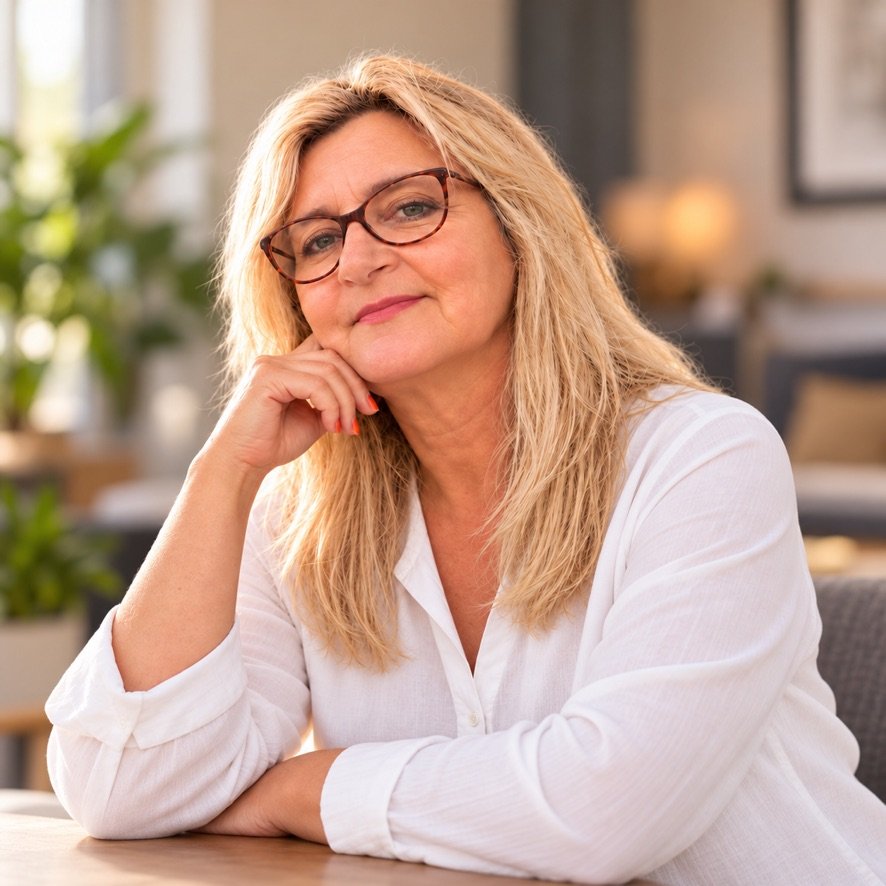 Gabriele Parolini in einer weißen Bluse, nachdenklich und zugewandt in die Kamera blickend